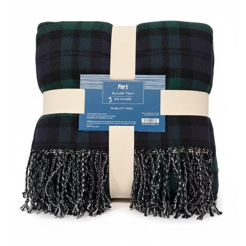 NWT Pier 1 Jeté Reversible Throw Blanket 50x60 Black Watch Plaid Navy Green